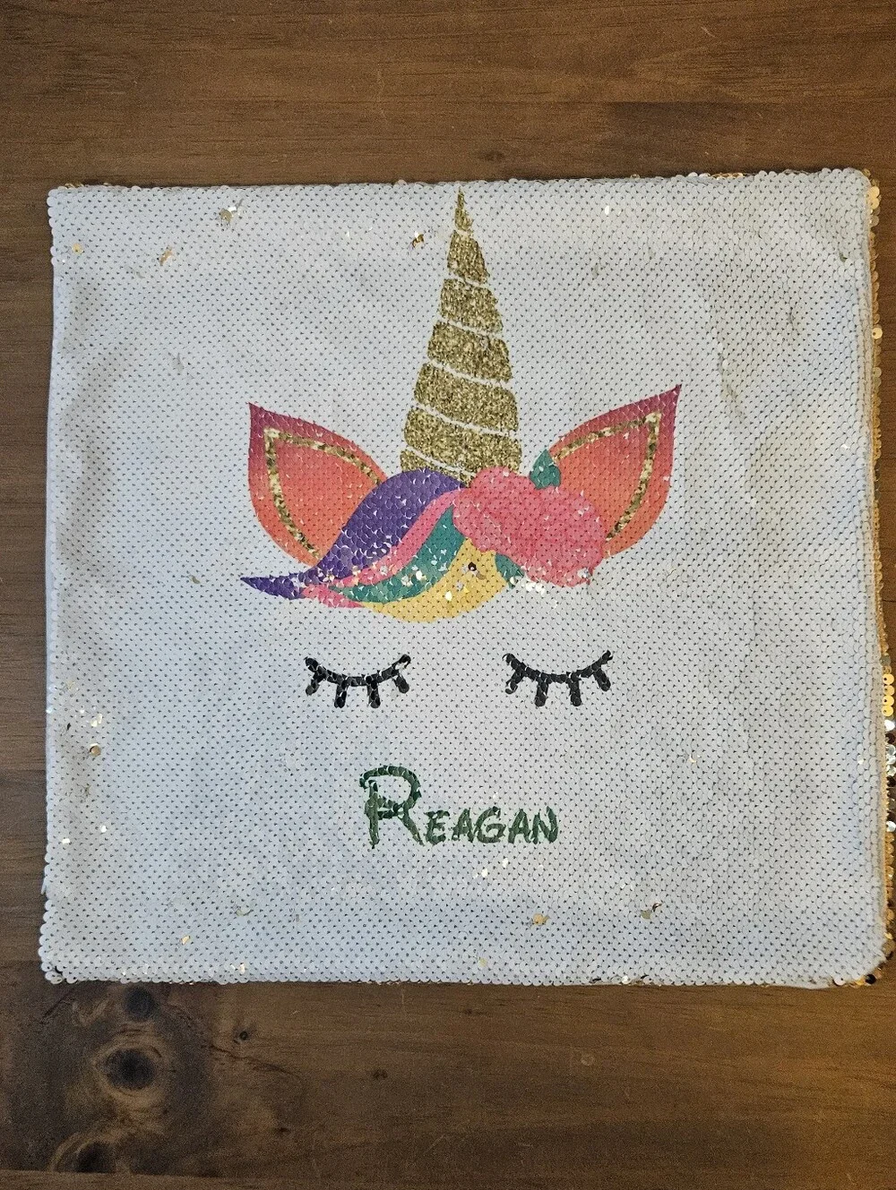 Unicorn Flip Sequins Pillow Cover Unicorn Face & The Name 'Reagan'